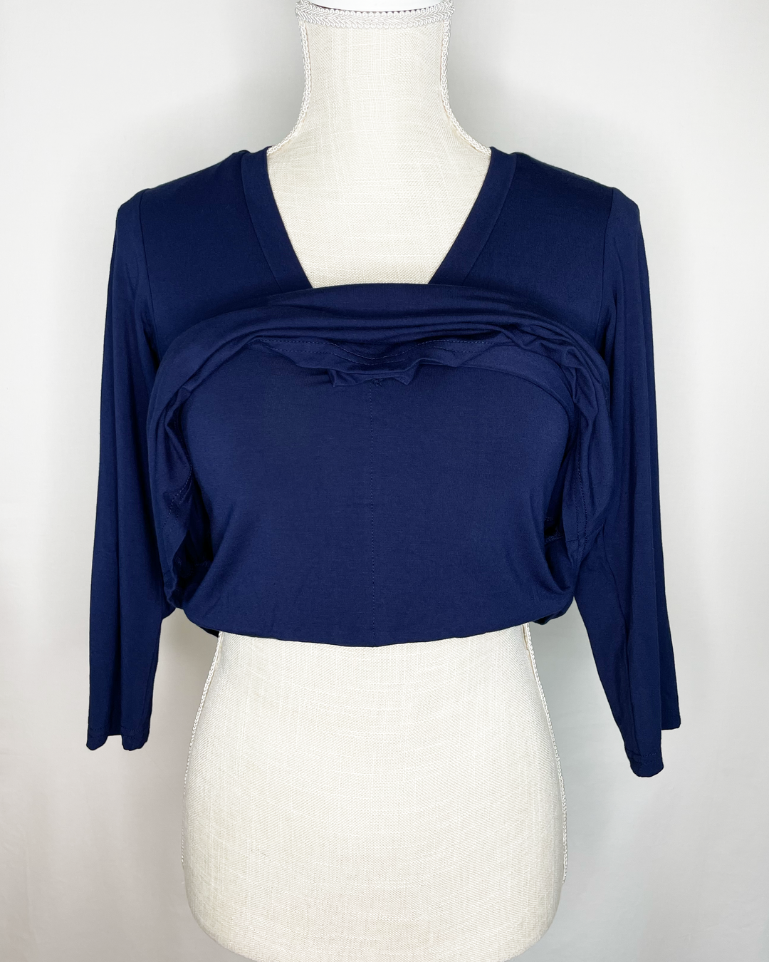 EILEEN V-Pleat Braless Bamboo 3/4 Sleeve Top inner layer view - True Navy color