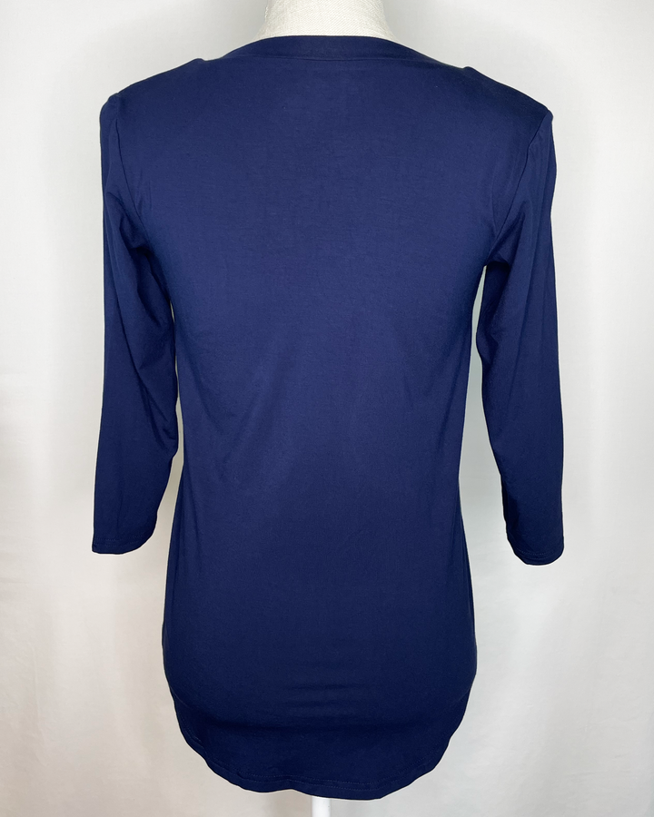 EILEEN V-Pleat Braless Bamboo 3/4 Sleeve Top back view - True Navy color