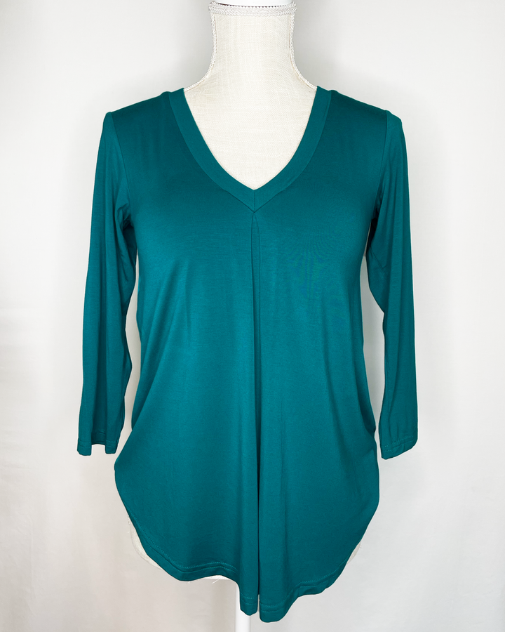 EILEEN V-Pleat Braless Bamboo 3/4 Sleeve Top front view - Teal color