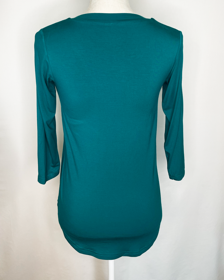 EILEEN V-Pleat Braless Bamboo 3/4 Sleeve Top back view - Teal color