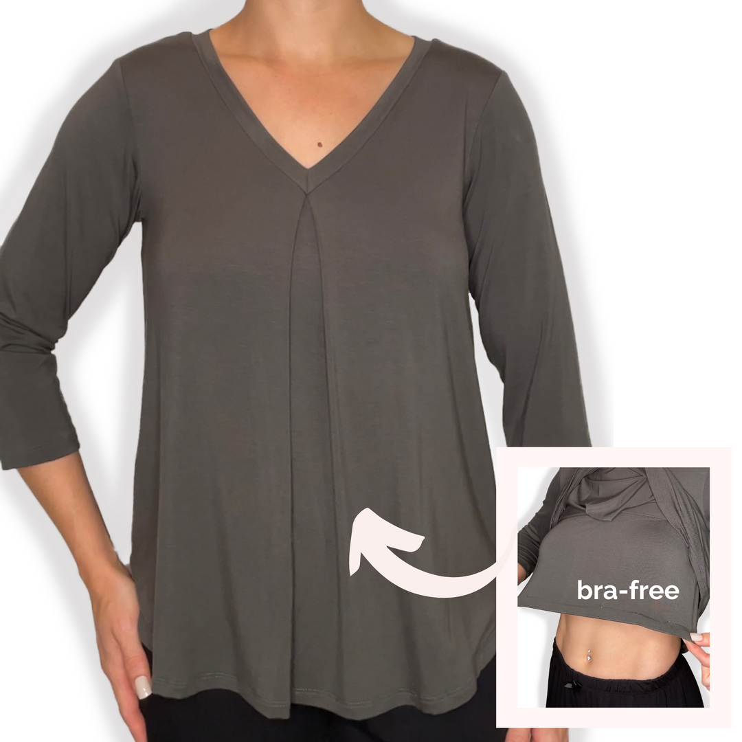 Bra-Free “Eileen” Comfort Top with No-Elastic Cup Coverage Layer; V-neck Pleat 3/4 Sleeve Bamboo