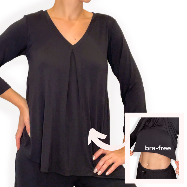 Bra-Free “Eileen” Comfort Top with No-Elastic Cup Coverage Layer; V-neck Pleat 3/4 Sleeve Bamboo