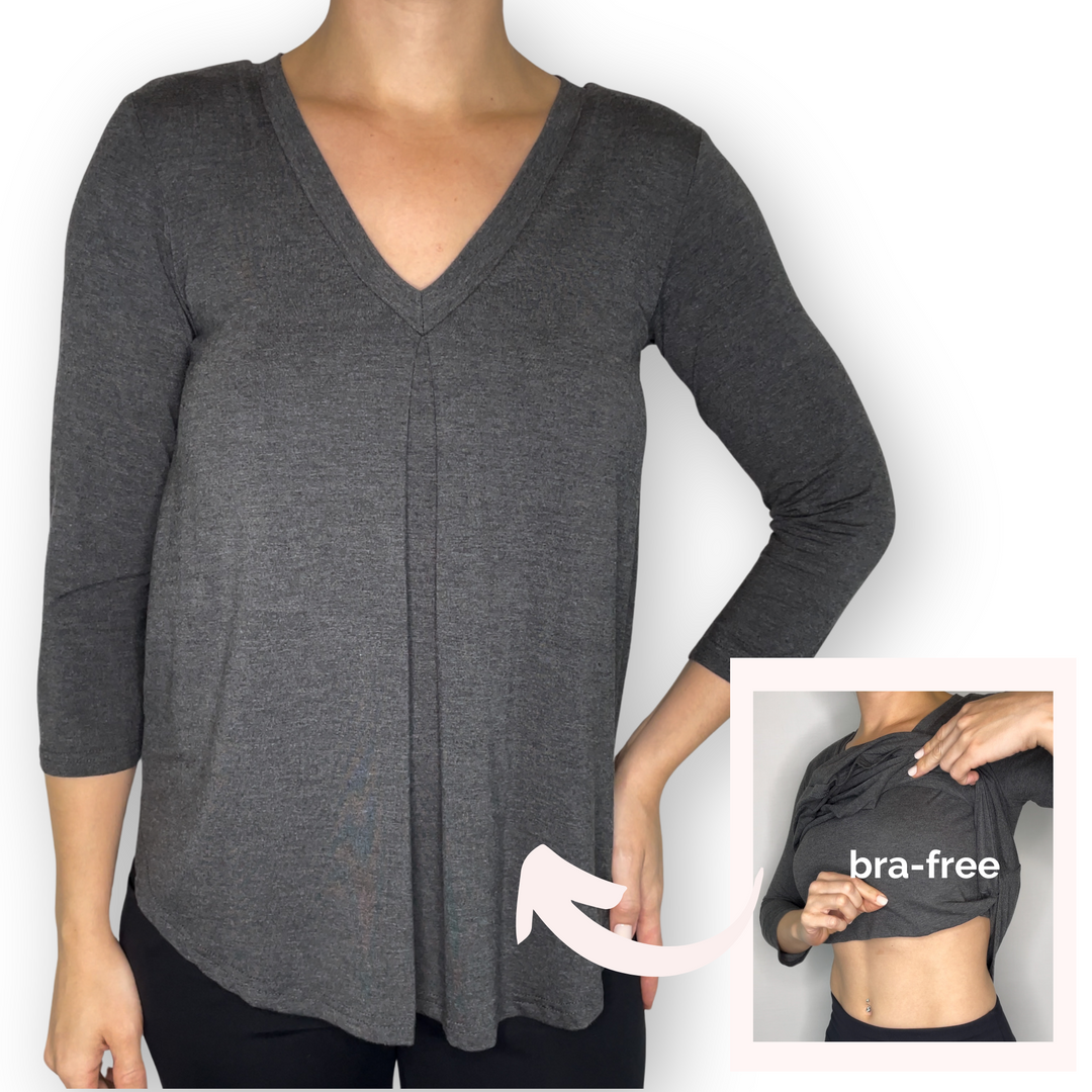 Bra-Free “Eileen” Comfort Top with No-Elastic Cup Coverage Layer; V-neck Pleat 3/4 Sleeve Bamboo