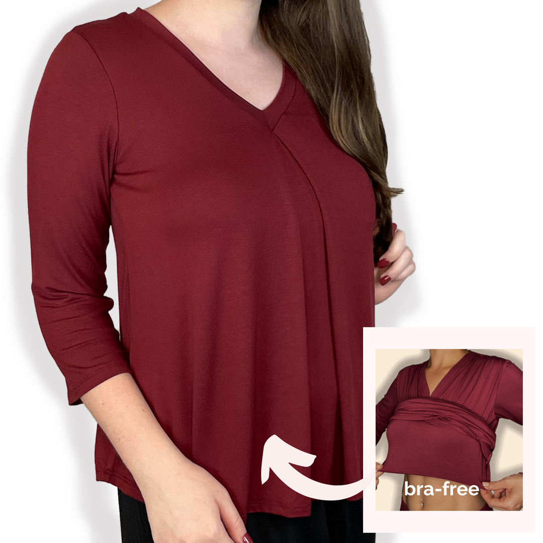 Bra-Free “Eileen” Comfort Top with No-Elastic Cup Coverage Layer; V-neck Pleat 3/4 Sleeve Bamboo