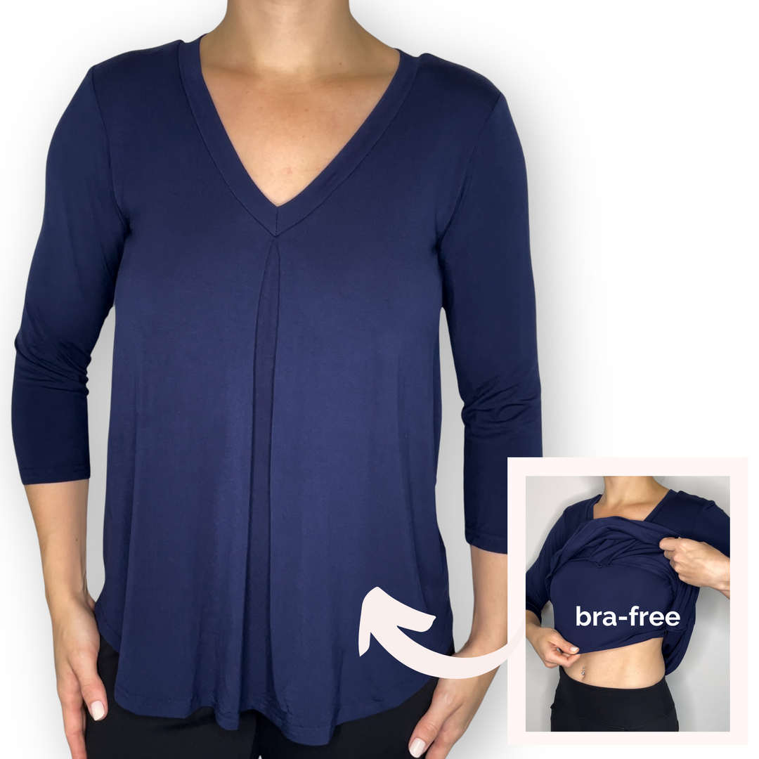 Bra-Free “Eileen” Comfort Top with No-Elastic Cup Coverage Layer; V-neck Pleat 3/4 Sleeve Bamboo