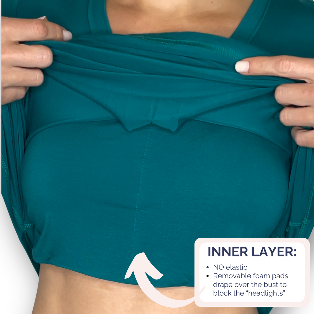 Bra-Free “Eileen” Comfort Top with No-Elastic Cup Coverage Layer; V-neck Pleat 3/4 Sleeve Bamboo