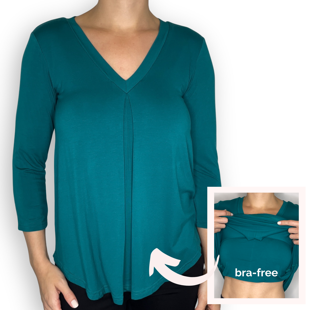 Bra-Free “Eileen” Comfort Top with No-Elastic Cup Coverage Layer; V-neck Pleat 3/4 Sleeve Bamboo