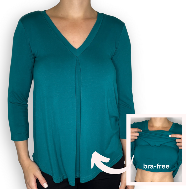 Bra-Free “Eileen” Comfort Top with No-Elastic Cup Coverage Layer; V-neck Pleat 3/4 Sleeve Bamboo