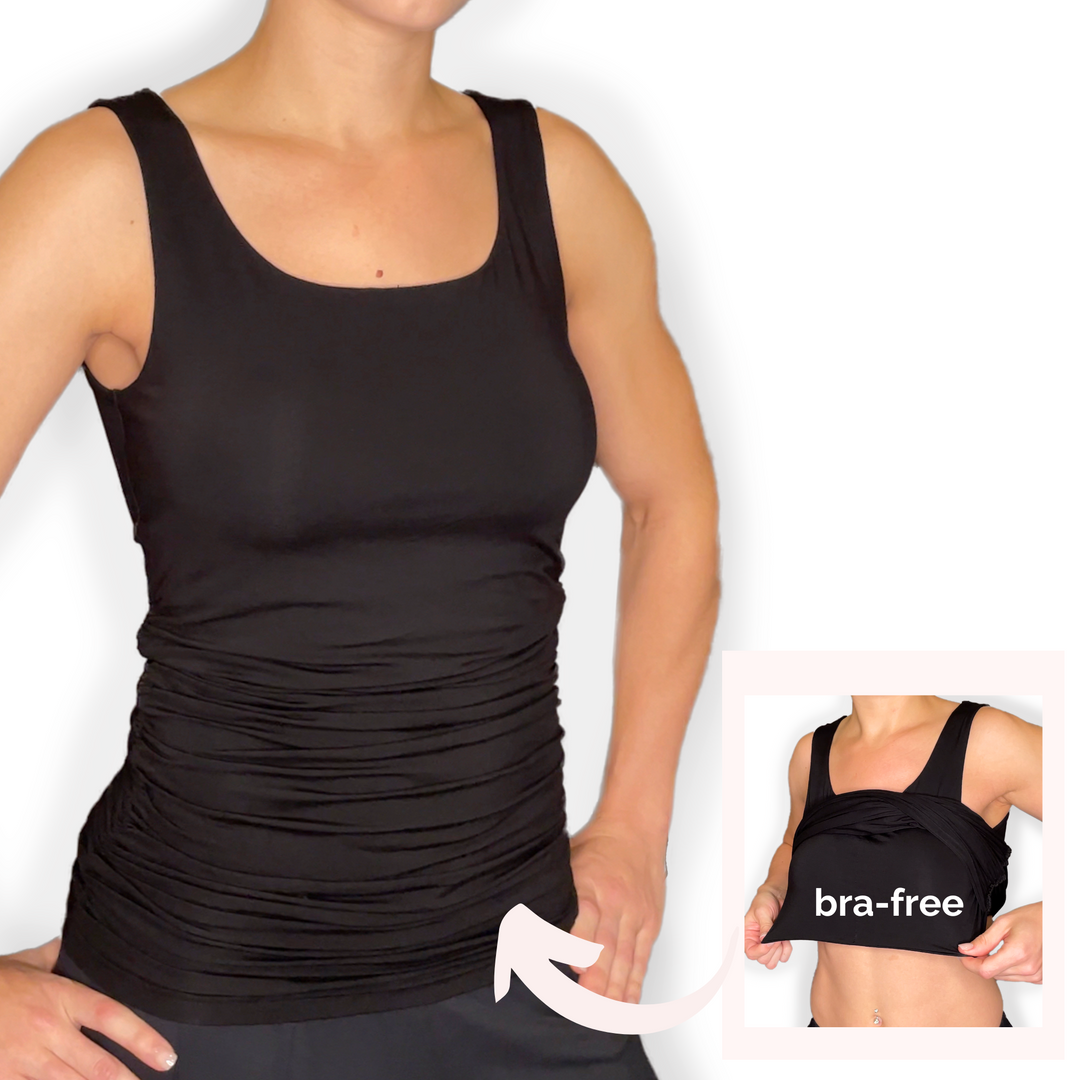 Bra-Free “Kiley” Comfort Top with No-Elastic Cup Coverage Layer; Scoop Neck Side Gather Tank Bamboo