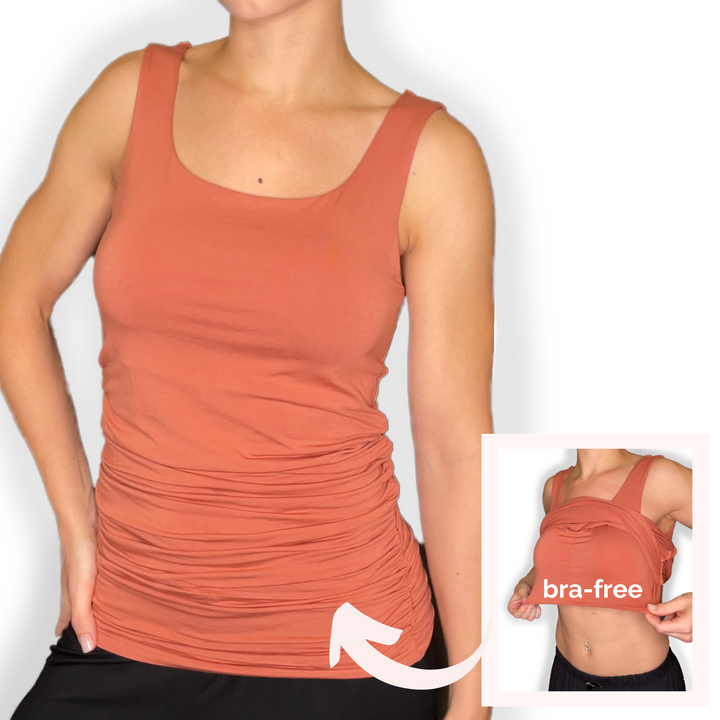 Bra-Free “Kiley” Comfort Top with No-Elastic Cup Coverage Layer; Scoop Neck Side Gather Tank Bamboo