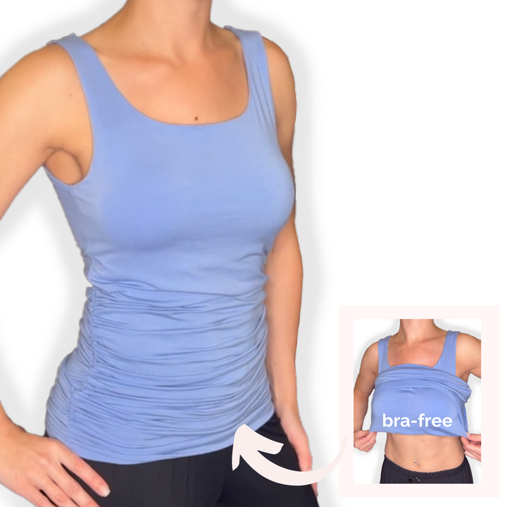 Bra-Free “Kiley” Comfort Top with No-Elastic Cup Coverage Layer; Scoop Neck Side Gather Tank Bamboo