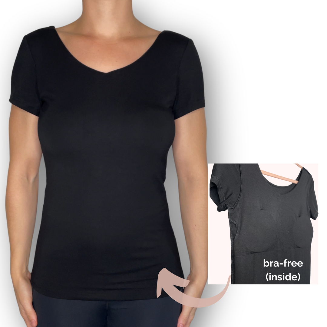 Bra-Free “Lauren” Comfort Top with No-Elastic Cup Coverage Layer; Slim Short Sleeve Bamboo