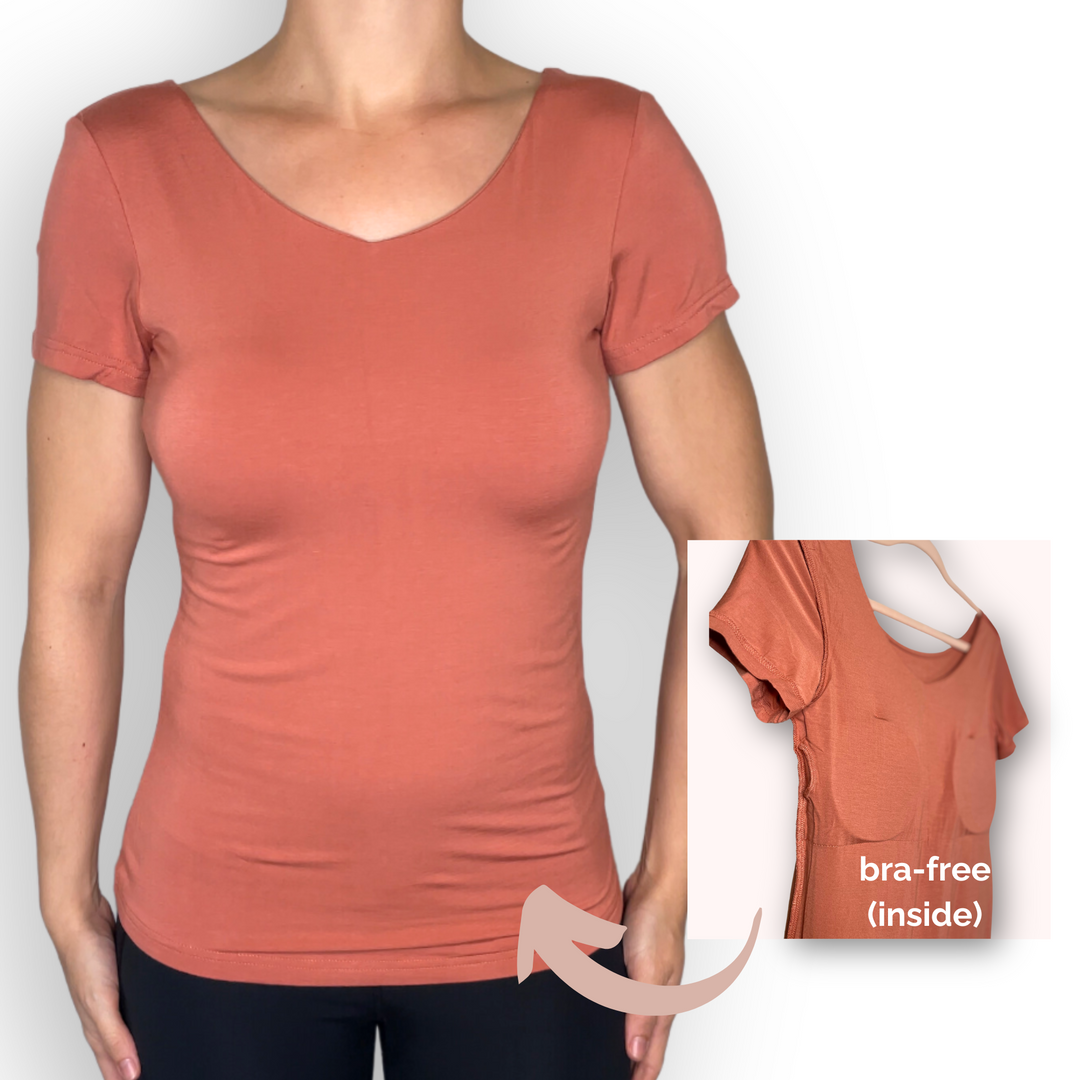 Bra-Free “Lauren” Comfort Top with No-Elastic Cup Coverage Layer; Slim Short Sleeve Bamboo