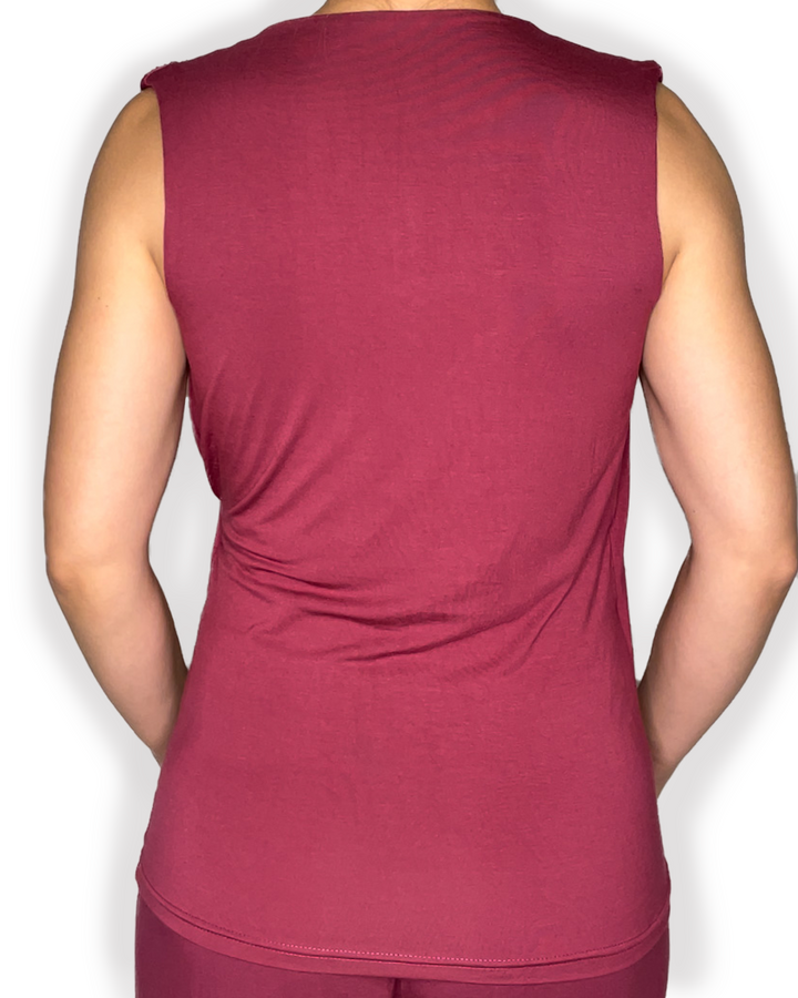 Stylish MELANIE Braless Bamboo Wrap Tank top in berry red color back view