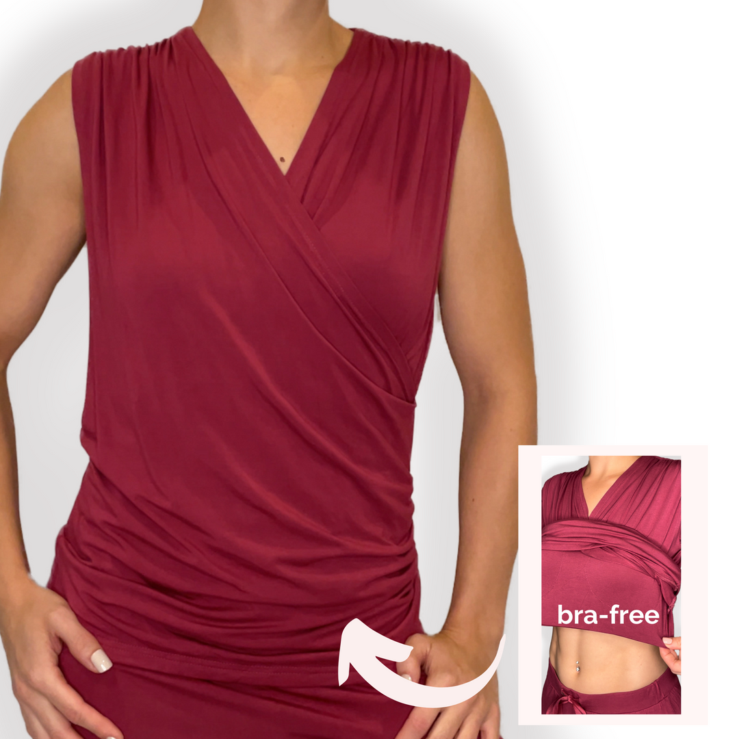 Bra-Free “Melanie” Comfort Top with No-Elastic Cup Coverage Layer; Wrap Tank Bamboo