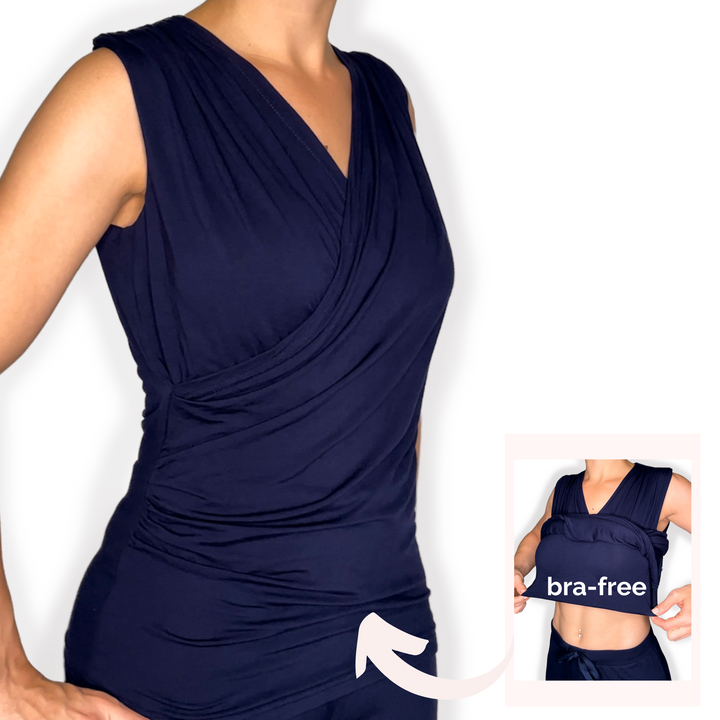 Bra-Free “Melanie” Comfort Top with No-Elastic Cup Coverage Layer; Wrap Tank Bamboo