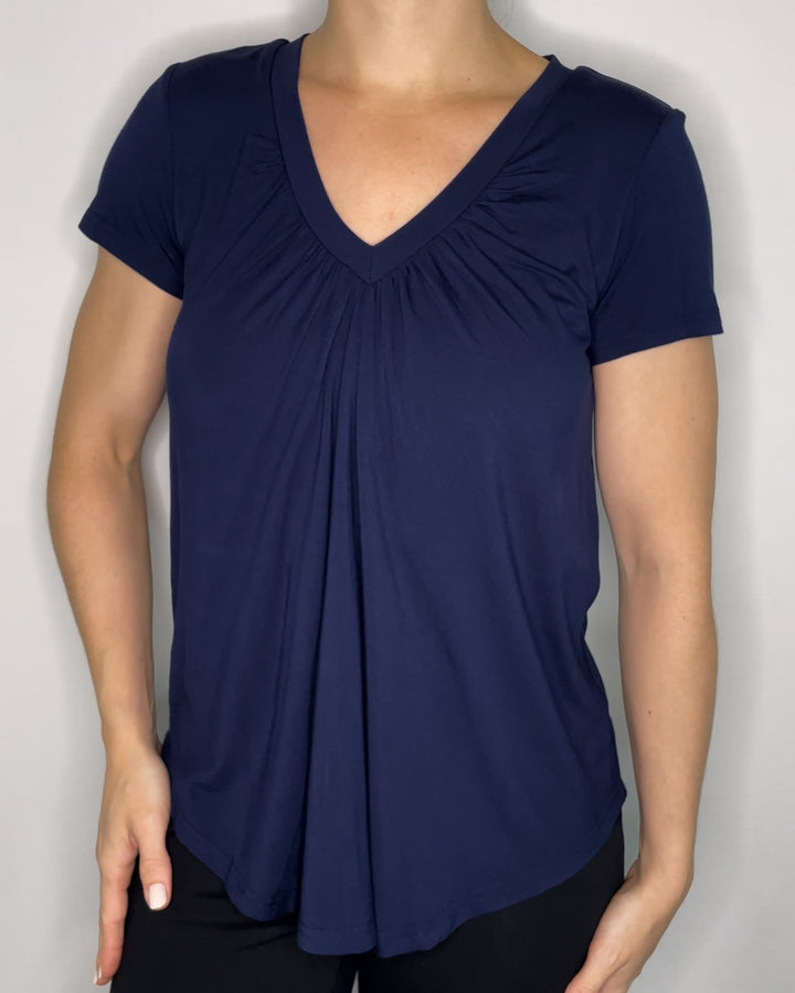 Bra-Free “Alicia” Comfort Top with No-Elastic Cup Coverage Layer; V-neck Gather Short Sleeve Bamboo