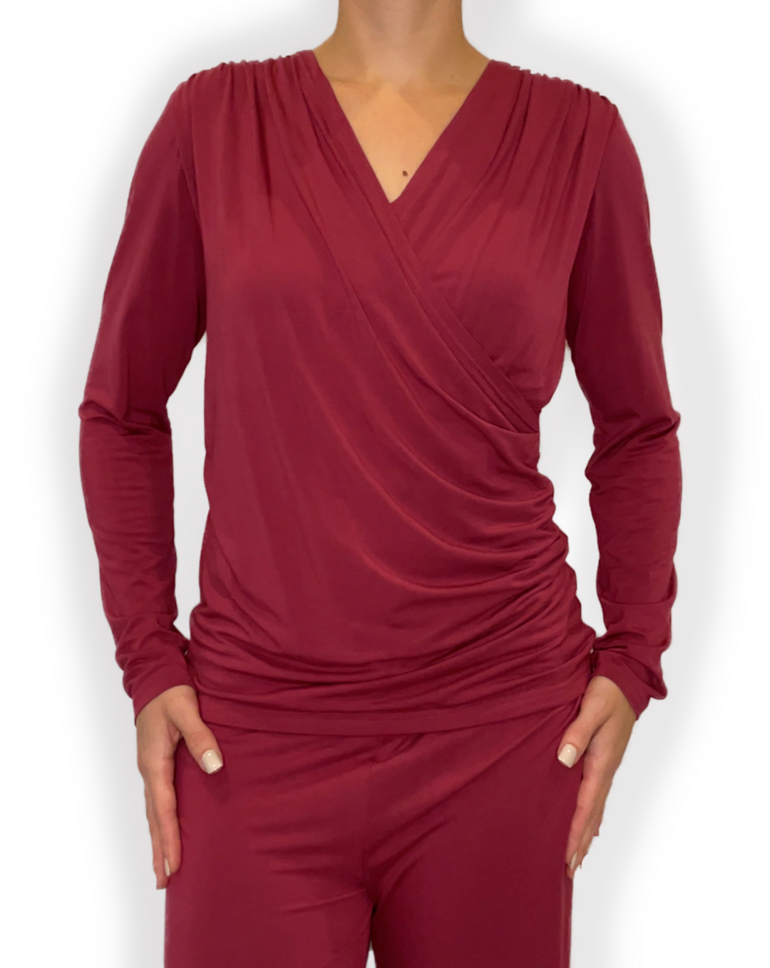 jia and kate ROSIE Braless Bamboo Wrap Top Long Sleeve in berry red color