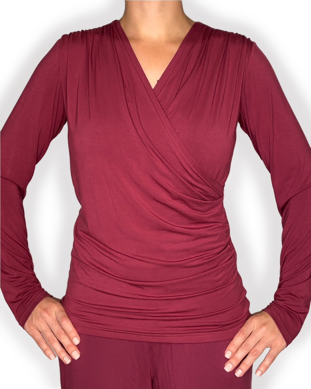jia and kate ROSIE Braless Bamboo Wrap Top Long Sleeve in berry red color front view