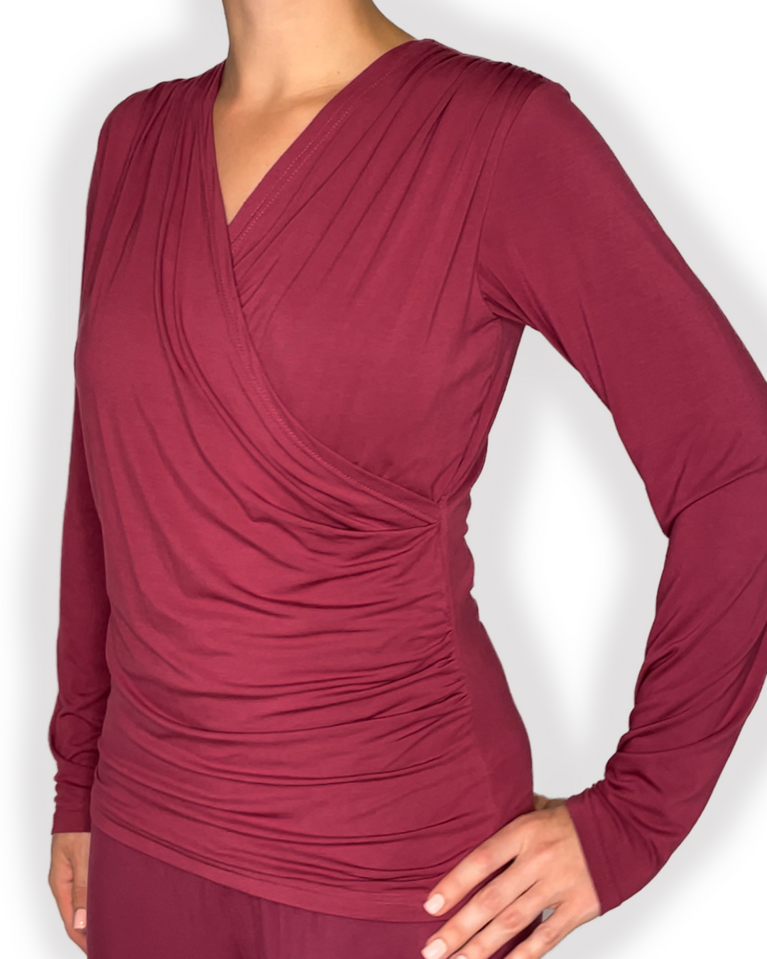 jia and kate ROSIE Braless Bamboo Wrap Top Long Sleeve in berry red color side view