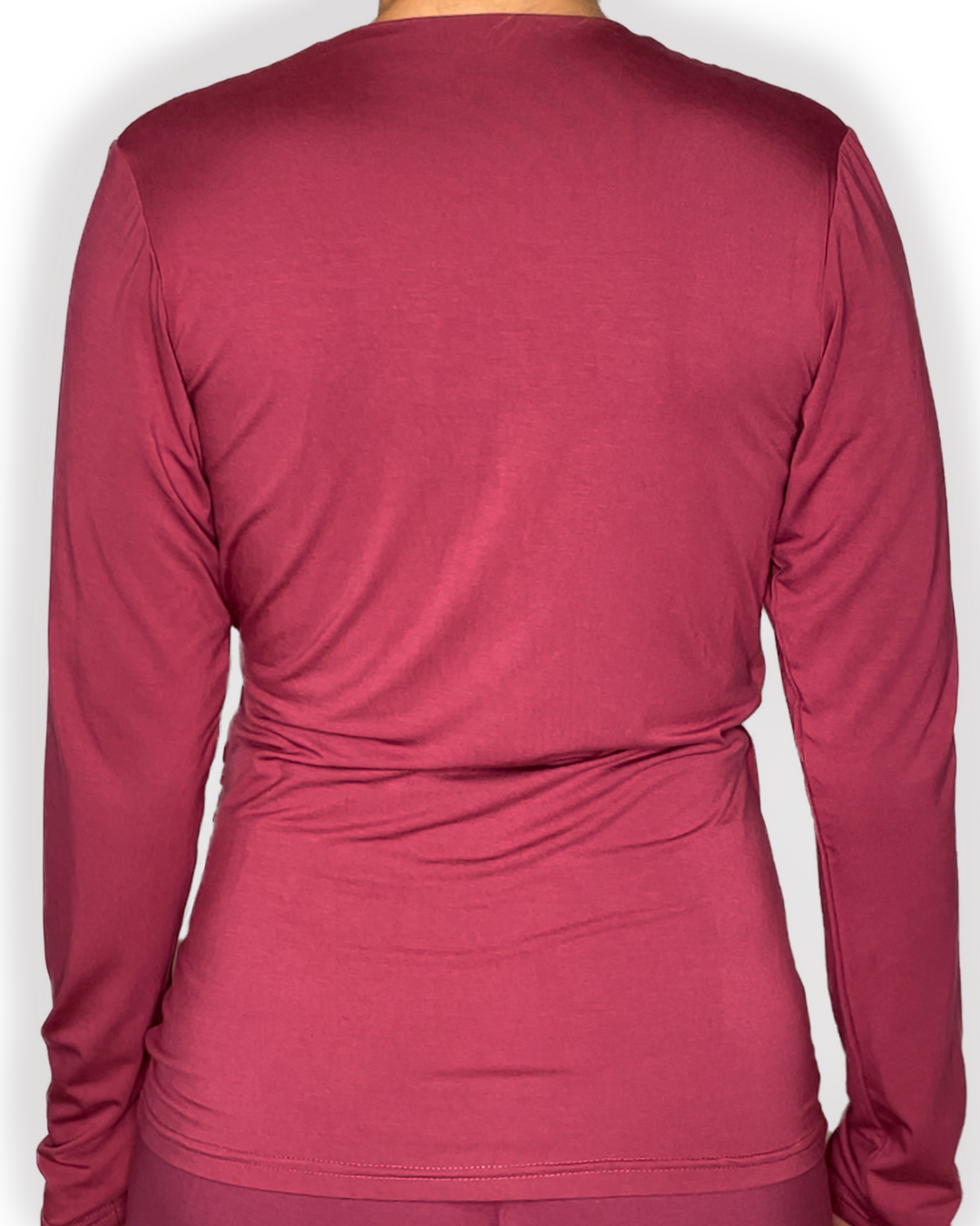 jia and kate ROSIE Braless Bamboo Wrap Top Long Sleeve in berry red color back view