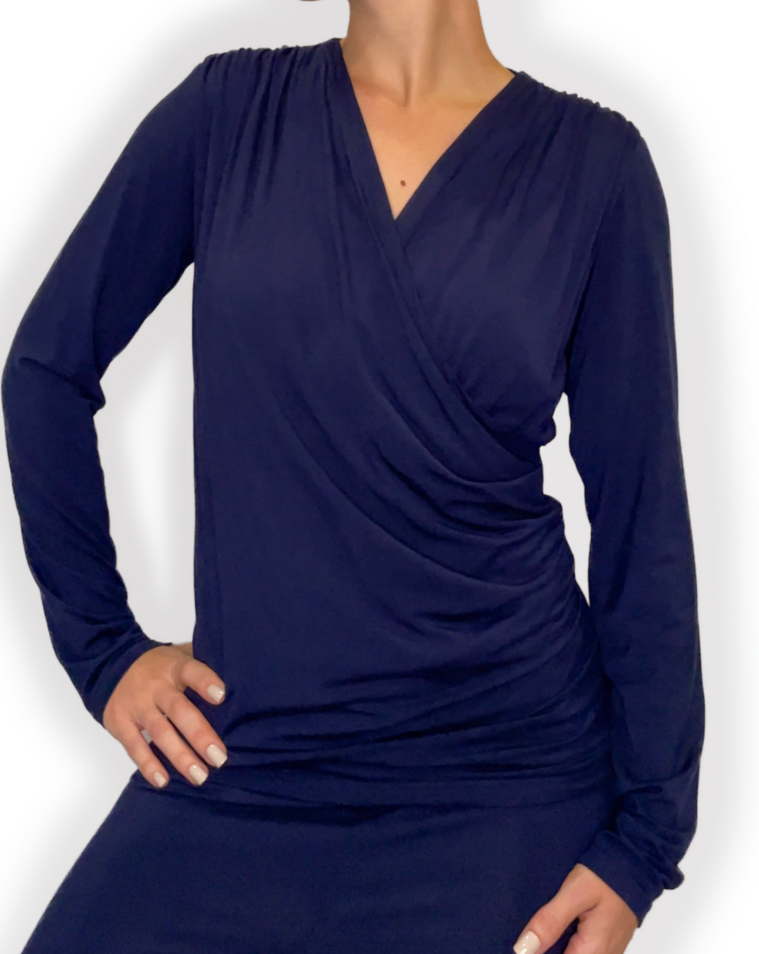 jia and kate ROSIE Braless Bamboo Wrap Top Long Sleeve in blue color