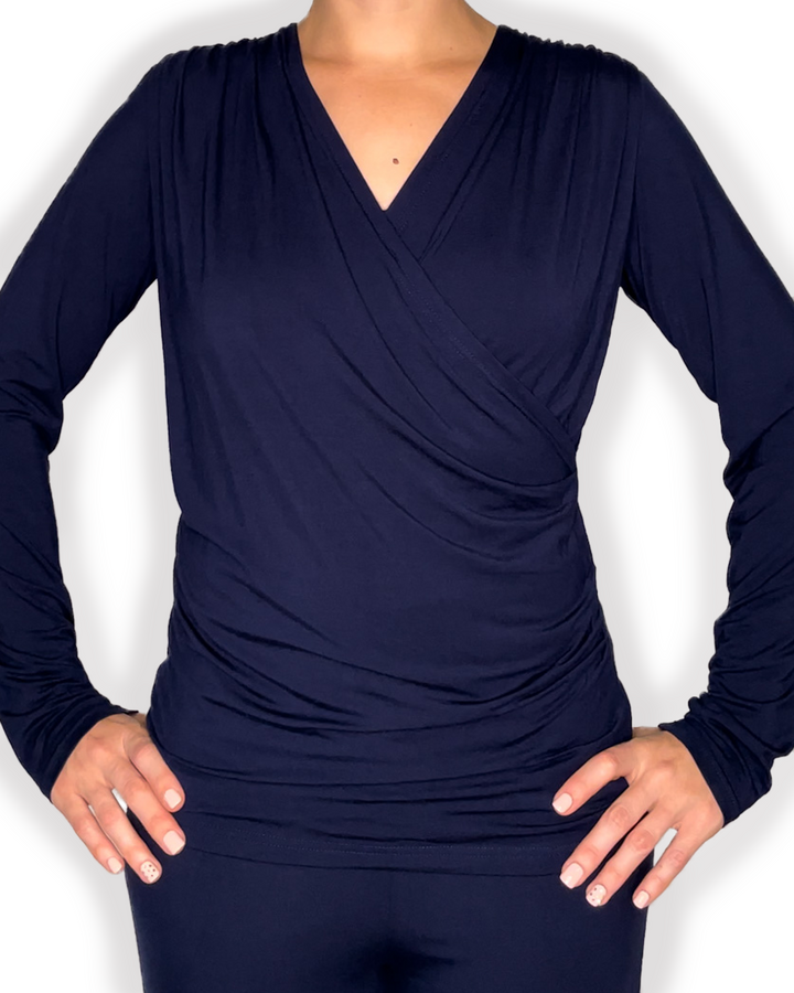 jia and kate ROSIE Braless Bamboo Wrap Top Long Sleeve in blue color front view