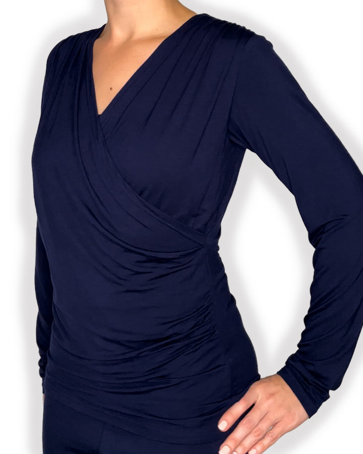 jia and kate ROSIE Braless Bamboo Wrap Top Long Sleeve in blue color side view