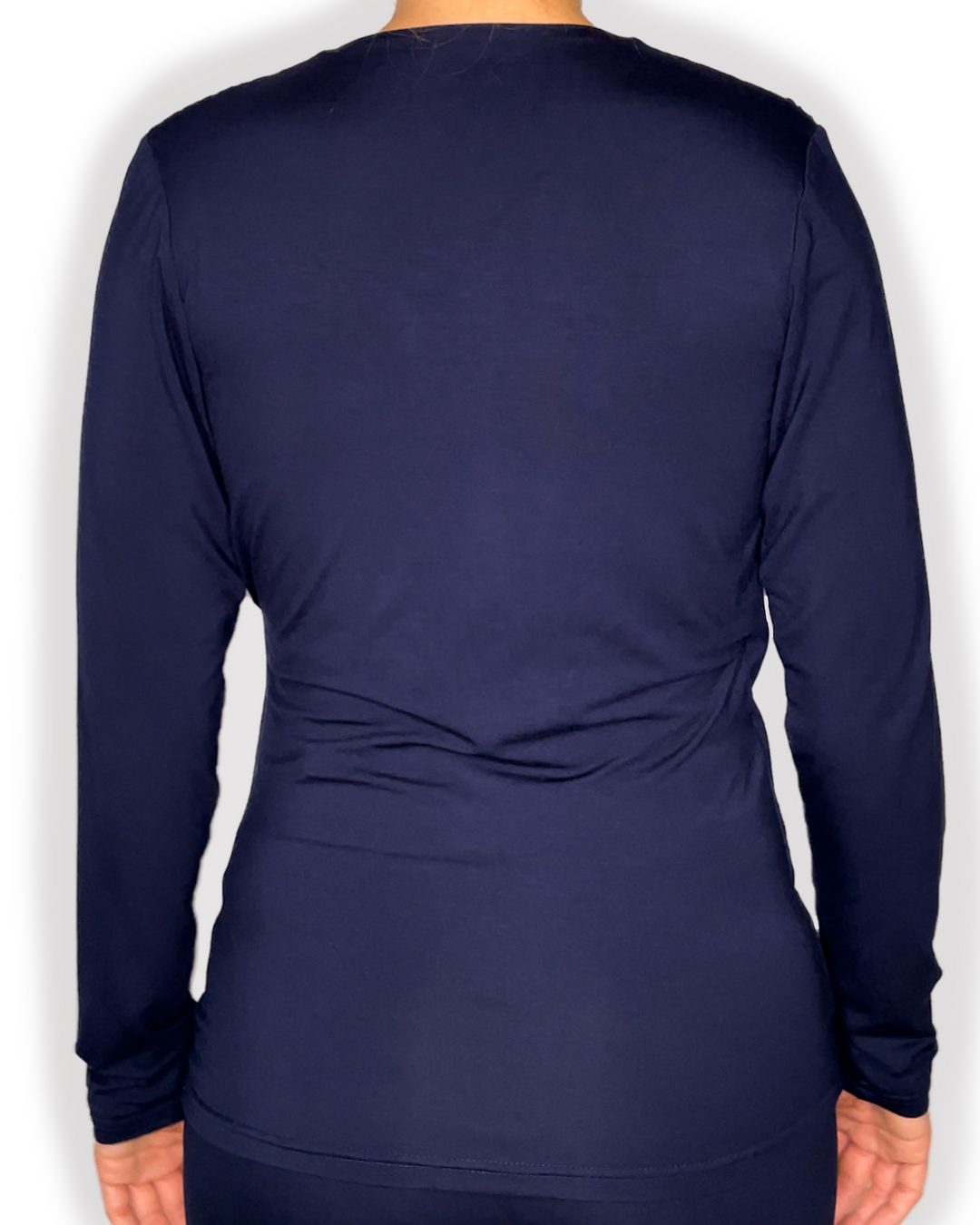 jia and kate ROSIE Braless Bamboo Wrap Top Long Sleeve in blue color back view