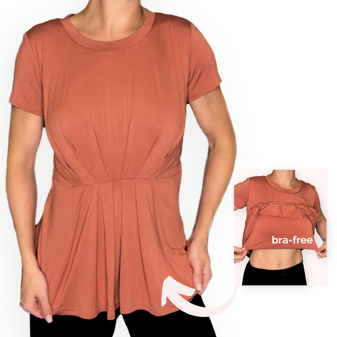 Bra-Free “Rachel” Comfort Top with No-Elastic Cup Coverage Layer; Crew Neck Pleat Waist Short Sleeve Bamboo