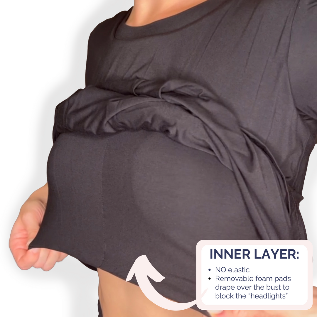 Bra-Free “Rachel” Comfort Top with No-Elastic Cup Coverage Layer; Crew Neck Pleat Waist Short Sleeve Bamboo