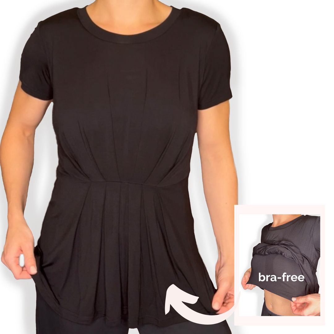 Bra-Free “Rachel” Comfort Top with No-Elastic Cup Coverage Layer; Crew Neck Pleat Waist Short Sleeve Bamboo