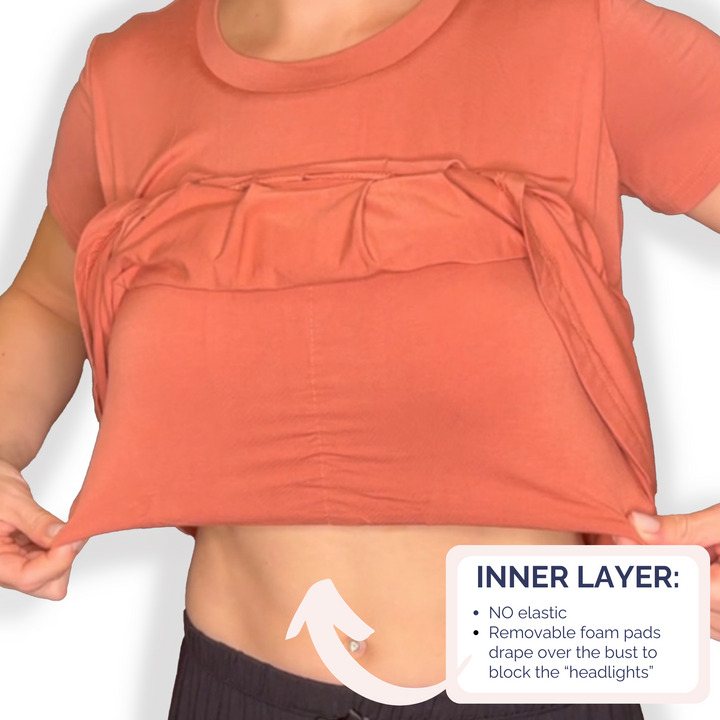 Bra-Free “Rachel” Comfort Top with No-Elastic Cup Coverage Layer; Crew Neck Pleat Waist Short Sleeve Bamboo