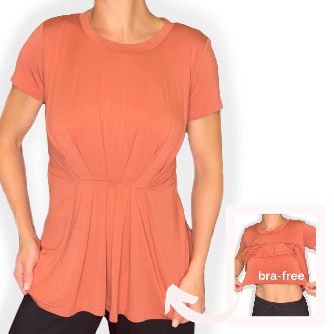 Bra-Free “Rachel” Comfort Top with No-Elastic Cup Coverage Layer; Crew Neck Pleat Waist Short Sleeve Bamboo