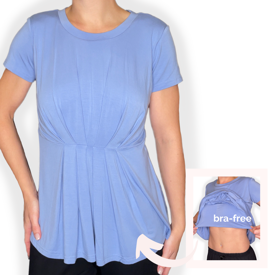 Bra-Free “Rachel” Comfort Top with No-Elastic Cup Coverage Layer; Crew Neck Pleat Waist Short Sleeve Bamboo