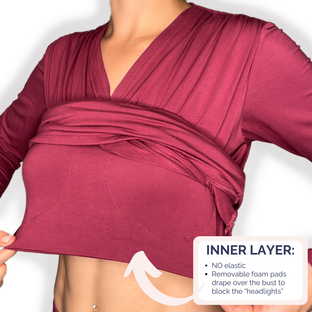 Bra-Free “Rosie” Comfort Top with No-Elastic Cup Coverage Layer; Wrap Long Sleeve Bamboo