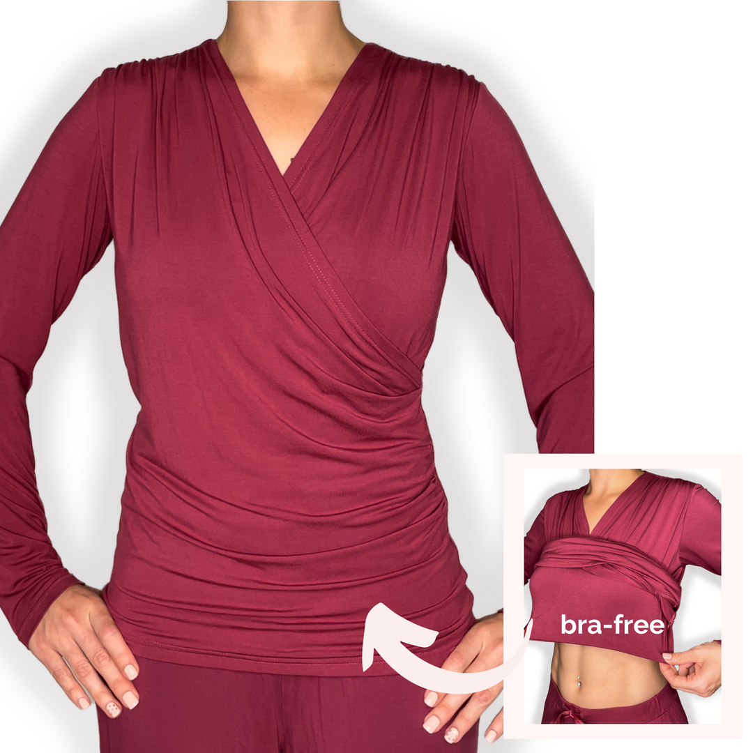 Bra-Free “Rosie” Comfort Top with No-Elastic Cup Coverage Layer; Wrap Long Sleeve Bamboo