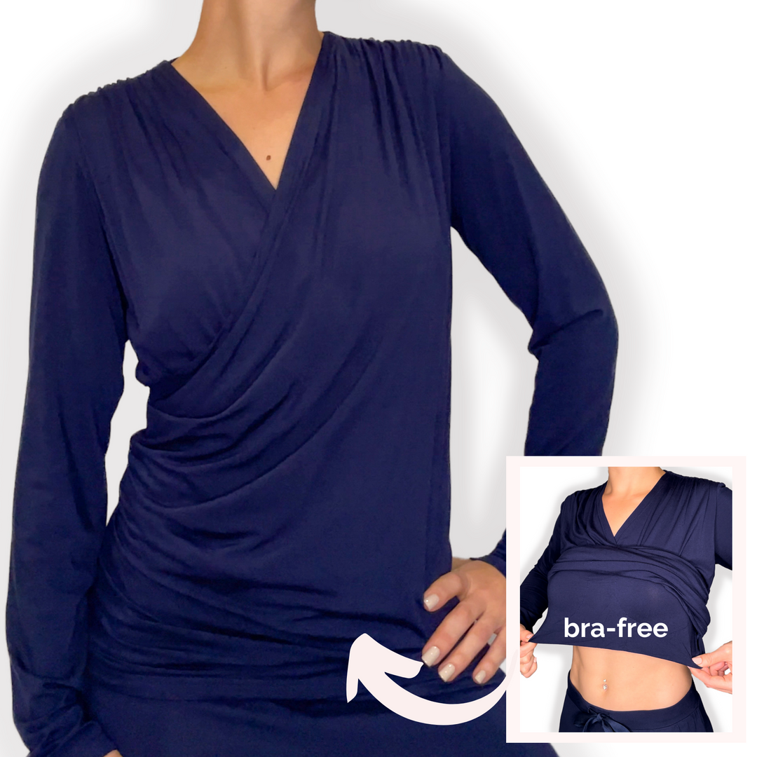 Bra-Free “Rosie” Comfort Top with No-Elastic Cup Coverage Layer; Wrap Long Sleeve Bamboo