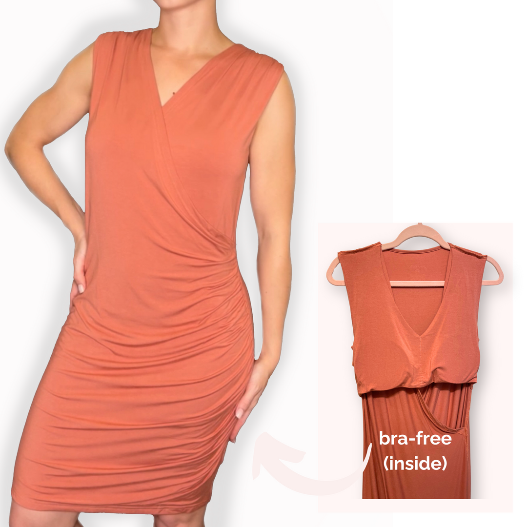 Bra-Free “Kate” Comfort Dress with No-Elastic Cup Coverage Layer; Wrap Tank Dress Bamboo