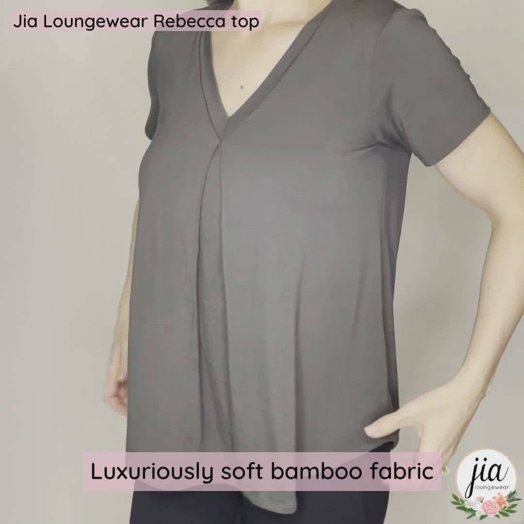 video Model displaying the jia "rebecca" top, a bamboo loungewear top that provides braless coverage